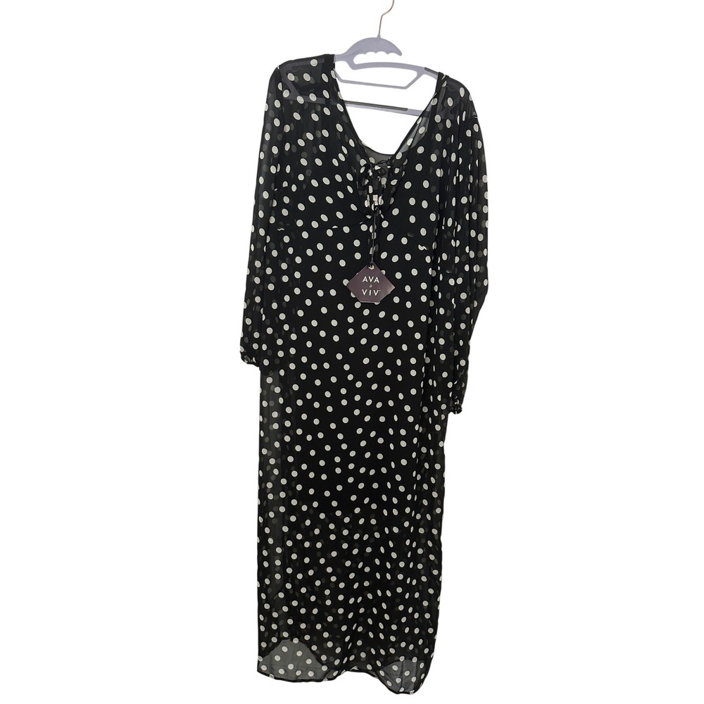 Ava & Viv Womens 1X Black White Polka Dot Chiffon Maxi Dress Long Sleeve V-Neck